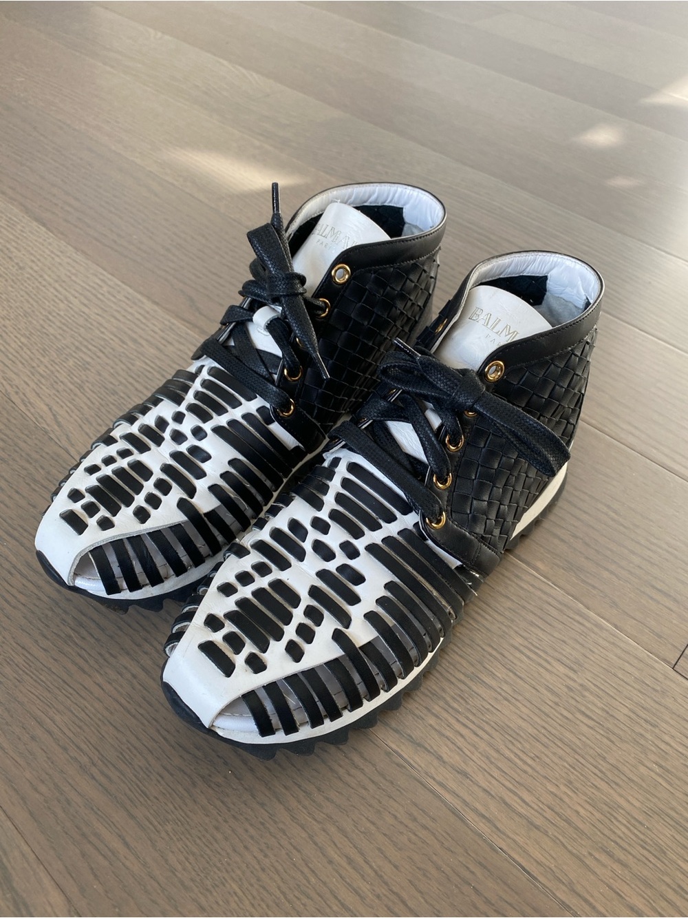 Balmain Black and White Woven Leather High-Top Sneakers